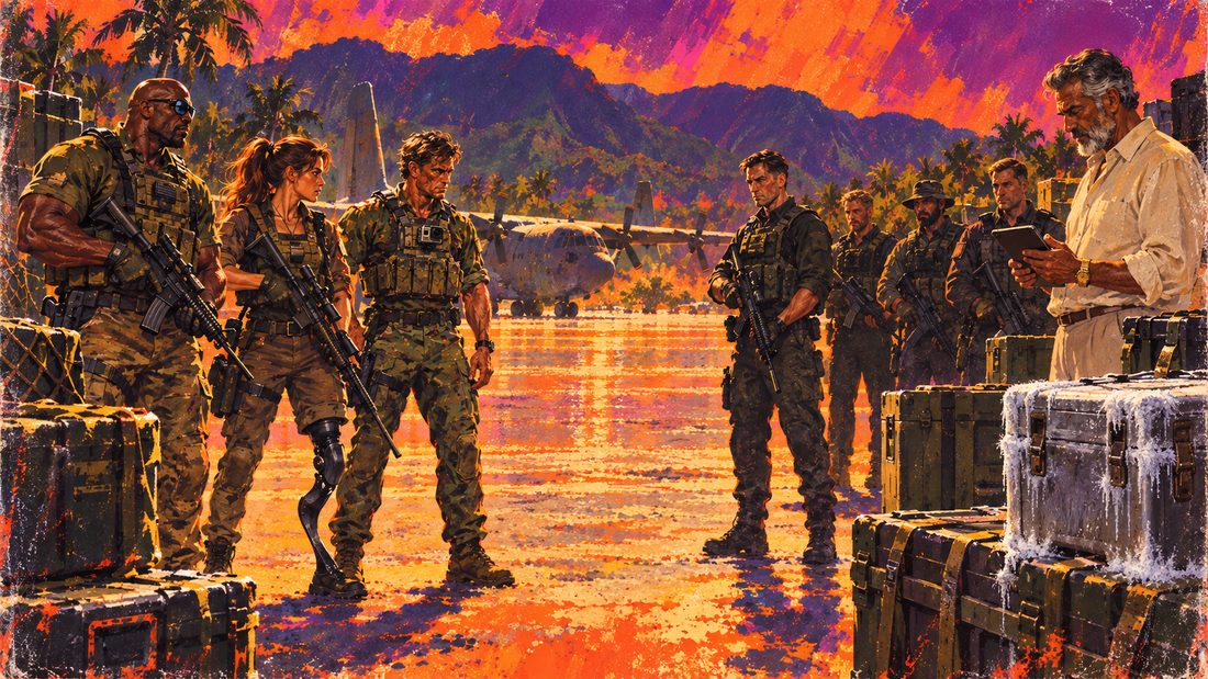 Painting of the heroes and the villain on a tarmac