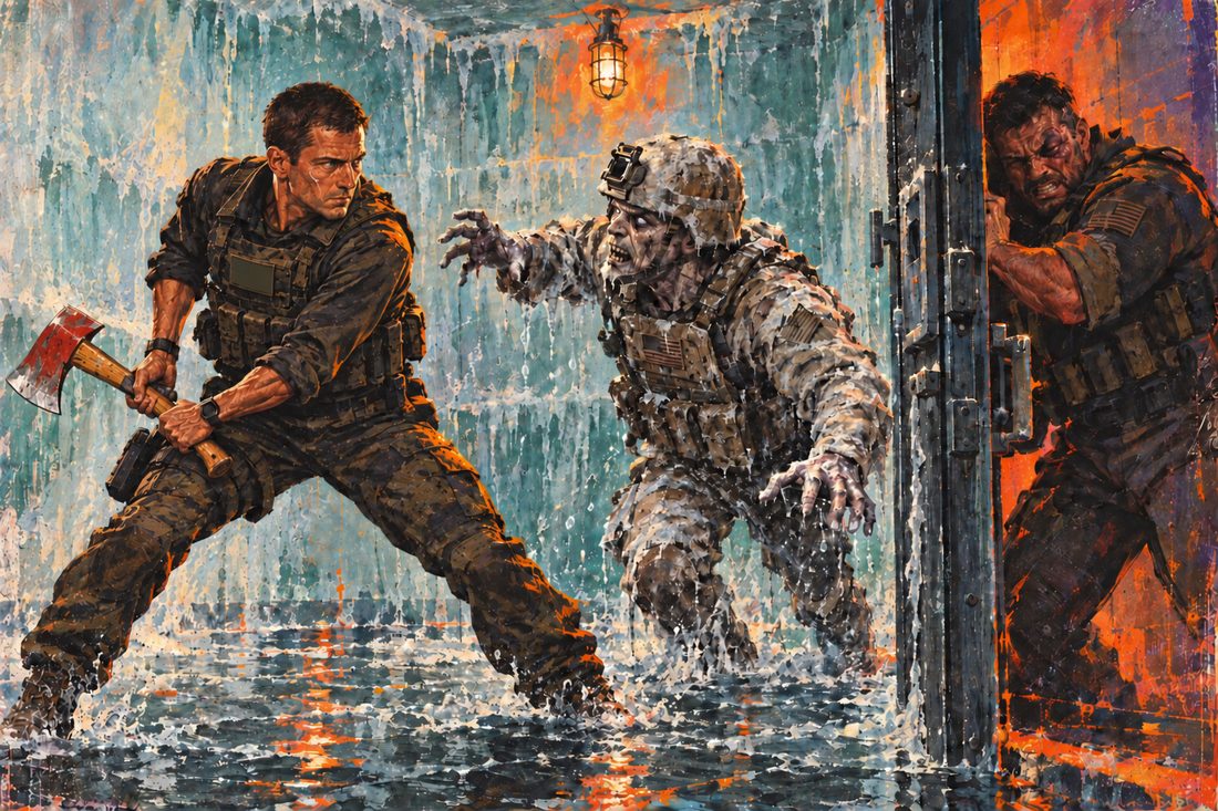 Chapter painting of an axe fight in a flooded corridor