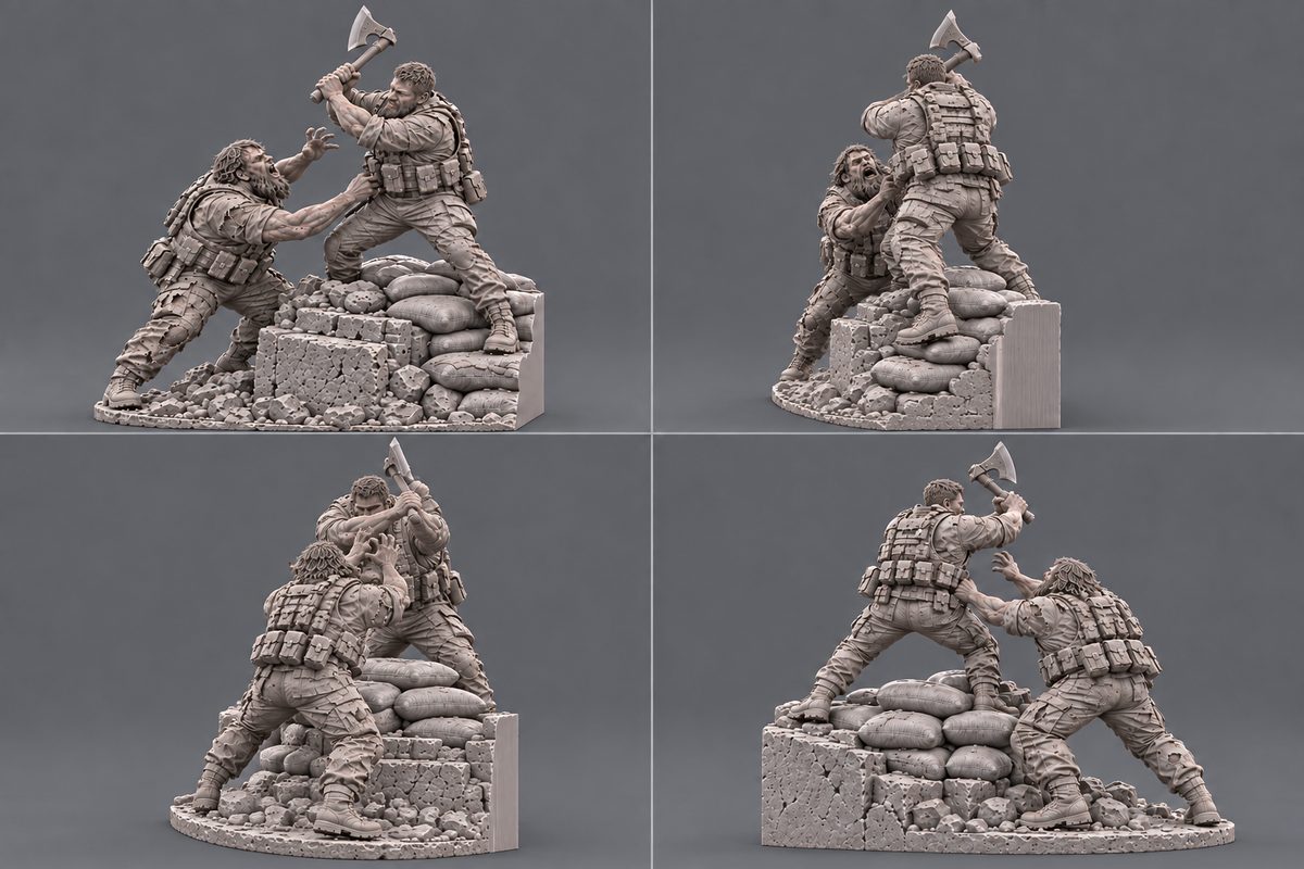 Four views of the 3D statue of two fighters