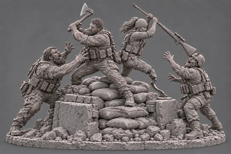 The chosen statue design: two heroes fighting two infected on a sandbag wall