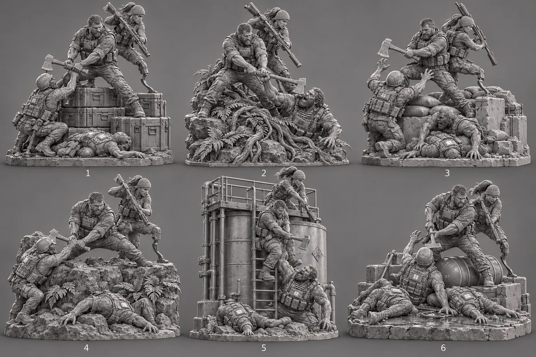 Six statue ideas in gray resin, numbered one to six