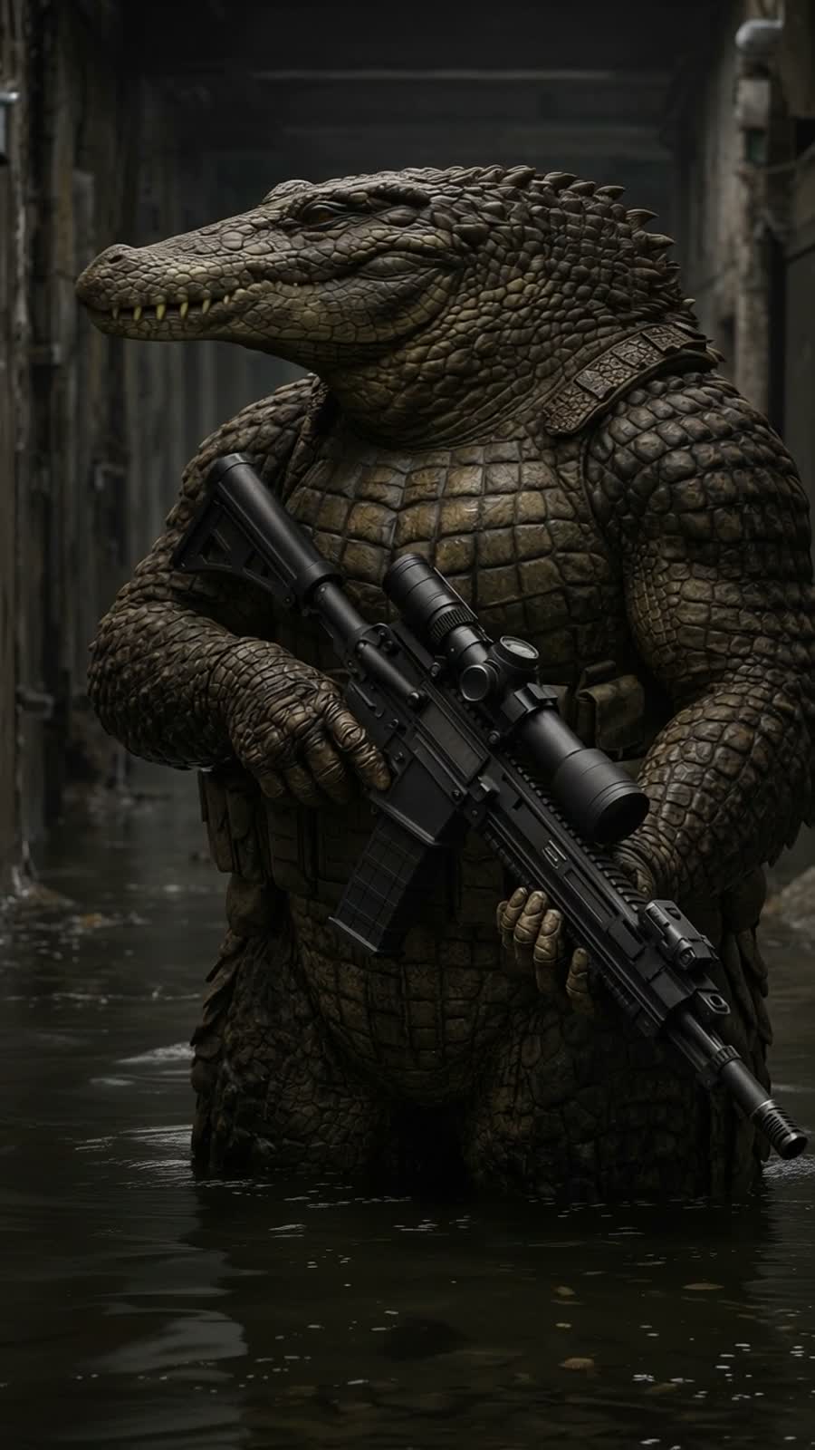 A teaser shot of an armored crocodile soldier in a flooded corridor